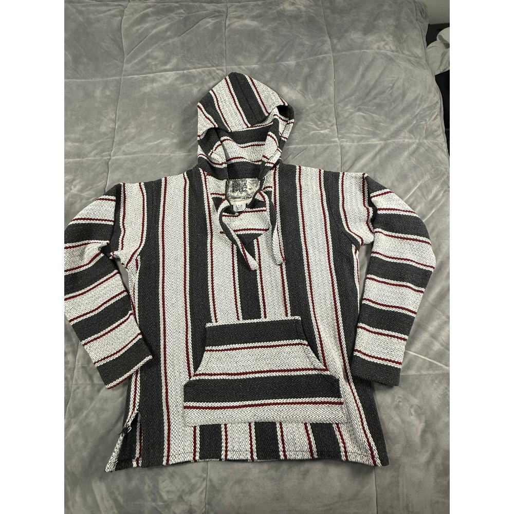 Senor Lopez Baja Hoodie Mens Small Gray White‎ Red Striped Mexican Pullover